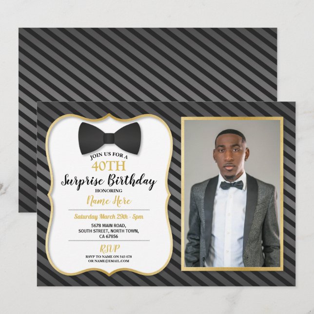 Invitation Anniversaire Partie Bowtie Black Cravate Hommes Fe (Devant / Derrière)