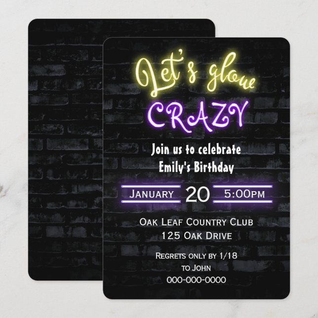 Invitation Anniversaire Party Neon Connexion Brick Wall (Devant / Derrière)