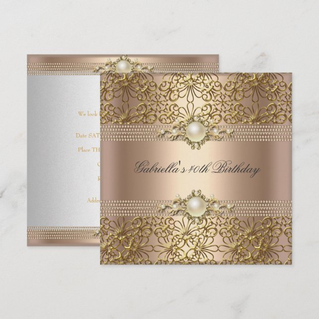 Invitation Anniversaire Party Pearl Coffee Crème Gold chaîne (Devant / Derrière)