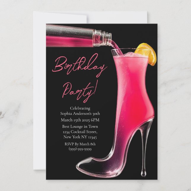 Invitation Anniversaire Party-Stiletto et cocktails (Devant)
