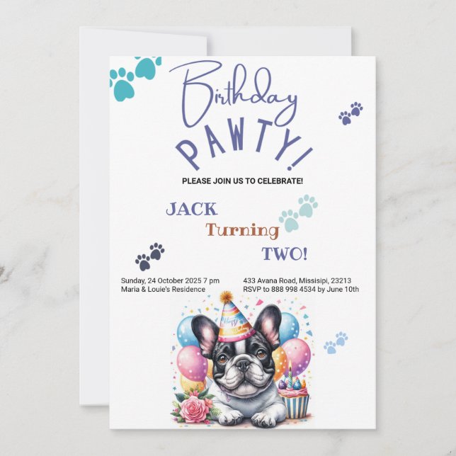 Invitation Anniversaire Pawty French Bulldog Birthday (Devant)