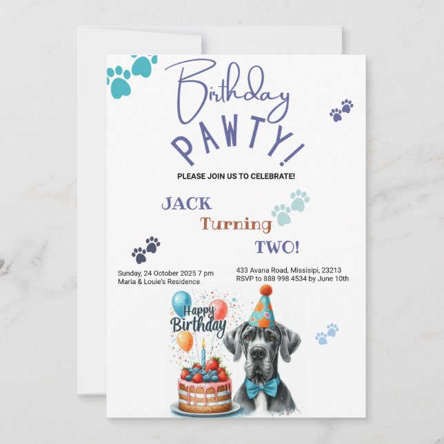 Invitation Anniversaire Pawty Great Dane Dog Anniversaire (Devant)