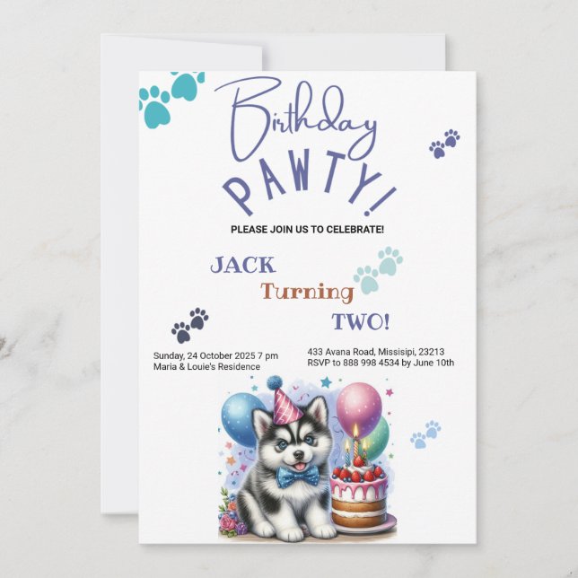 Invitation Anniversaire Pawty Sibérie Husky Chien Anniversair (Devant)