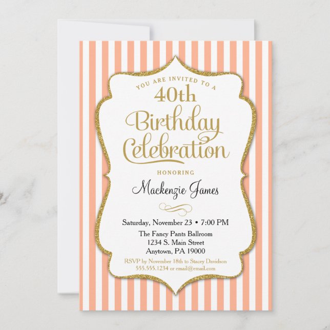 Invitation Anniversaire Pêche Or Adulte Stripes (Devant)