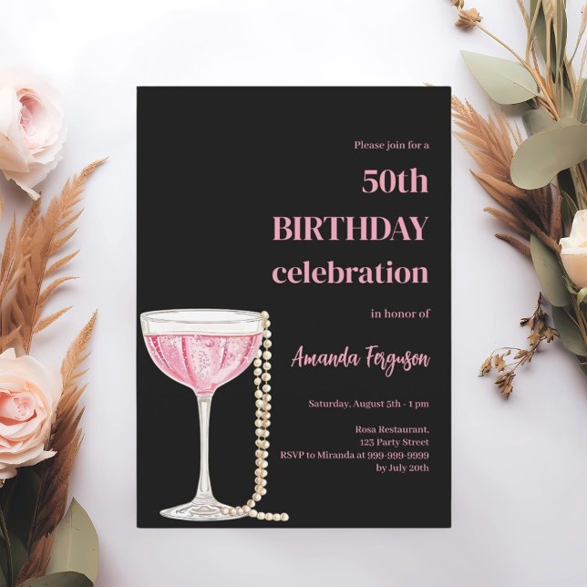 Invitation Anniversaire perles de vin rose noir mousseux (Créateur téléchargé)