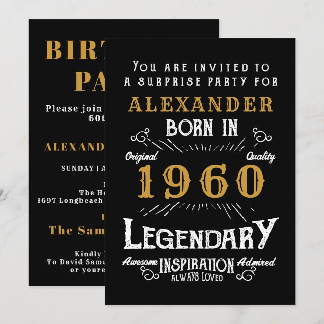 Invitation Anniversaire personnalisé 1960 Black Gold Retro Ch (Devant / Derrière)