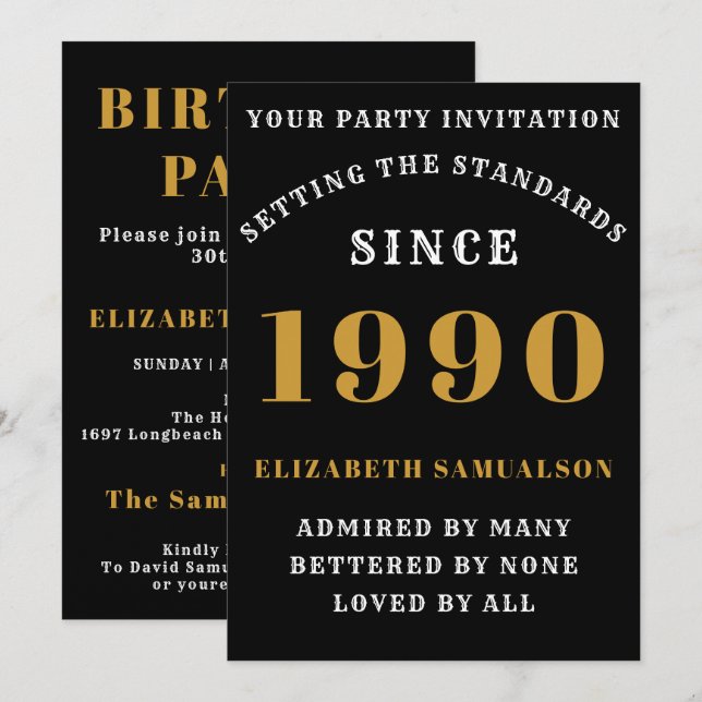 Invitation Anniversaire personnalisé 1990 Ajouter votre nom N (Devant / Derrière)