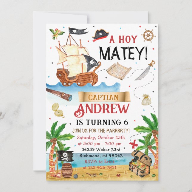 Invitation Anniversaire personnalisé d'un enfant pirate (Devant)