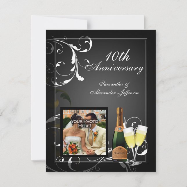 Invitation Anniversaire photo de Champagne d'argent noir et b (Devant)