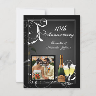 Invitation Anniversaire photo de Champagne d'argent noir et b