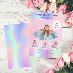Invitation Anniversaire photo holographique rose violet