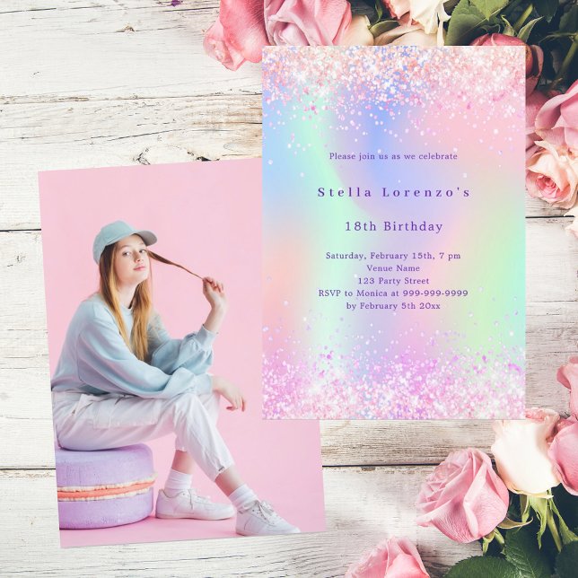 Invitation Anniversaire photo holographique rose violet (Créateur téléchargé)