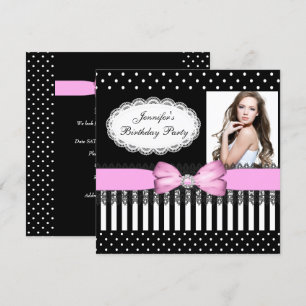 Invitation Anniversaire Pink Bow Noir Blanc Pois