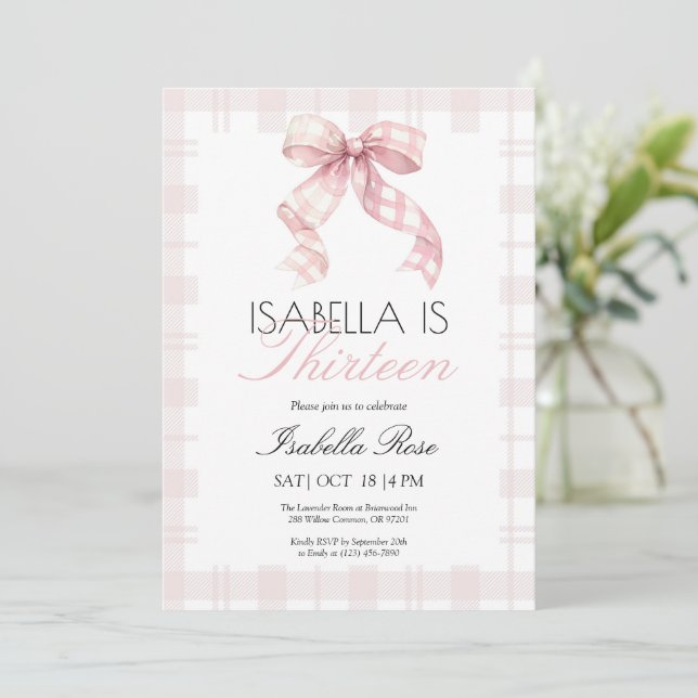 Invitation Anniversaire Pink Plaid Bow (Debout devant)