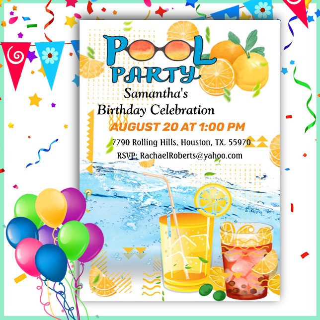 Invitation Anniversaire Piscine Fête Boissons tropicales Invi (Créateur téléchargé)
