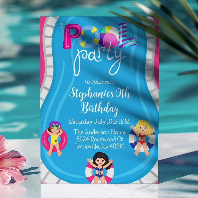 Invitation Anniversaire Piscine Fête Rose Filles été (Créateur téléchargé)