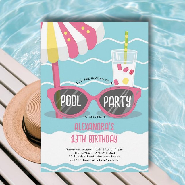 Invitation Anniversaire Pool Party Cute Rose Lunettes de sole (pool birthday party invitations for teens girls tween thirteen sunglasses cute unique cool orange)