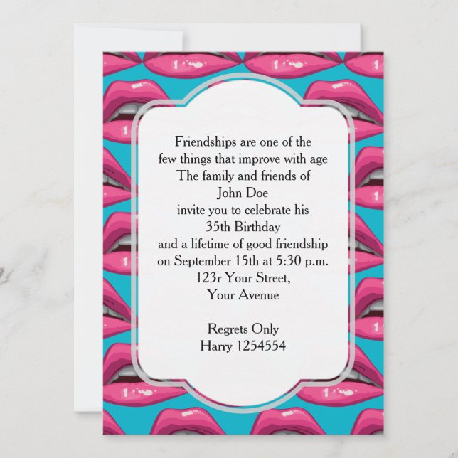 Invitation Anniversaire Pop Art rose lèvres maquillage (Devant)