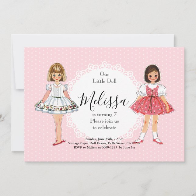 Invitation Anniversaire Poupée en Papier Vintage (Devant)