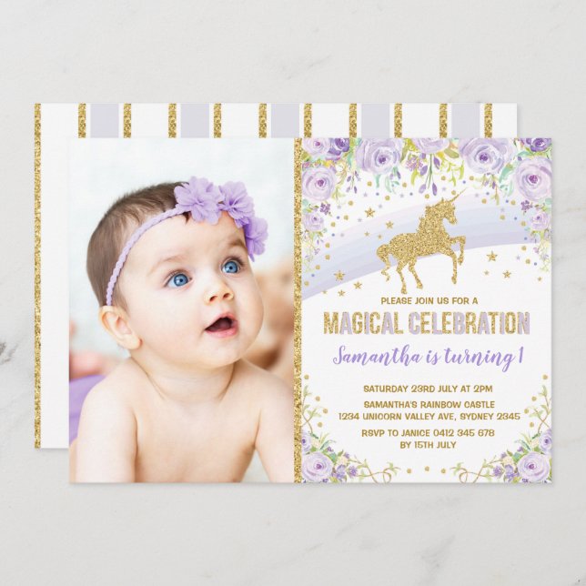 Invitation Anniversaire pourpre d'or de lavande de licorne (Devant / Derrière)