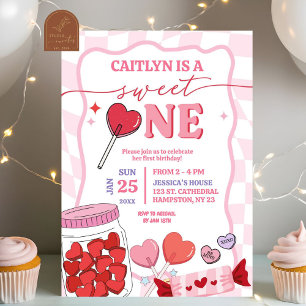 Invitation Anniversaire premier rose rétro cœur bonbon doux