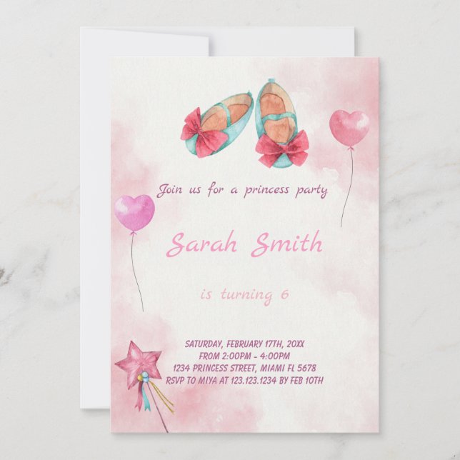 Invitation anniversaire princesse chaussures (Devant)