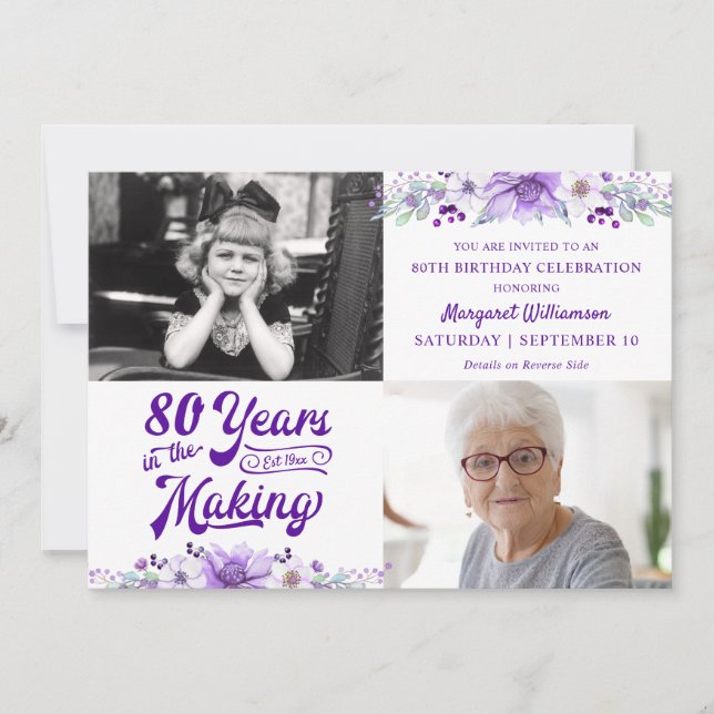 Invitation Anniversaire Purple Floral ANNÉES DANS LA FABRICAT (Devant)