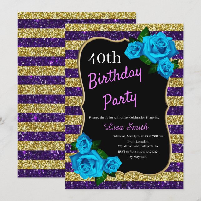 Invitation Anniversaire Purple Gold Stripes Parties scintilla (Devant / Derrière)