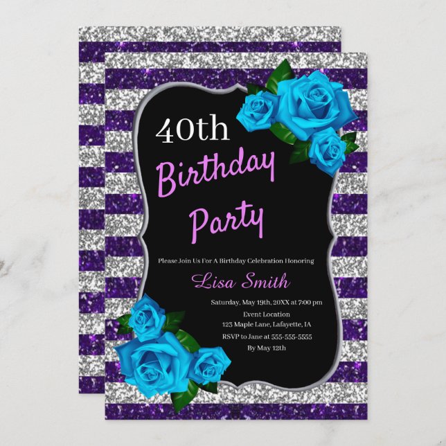 Invitation Anniversaire Purple Silver Stripes Parties scintil (Devant / Derrière)
