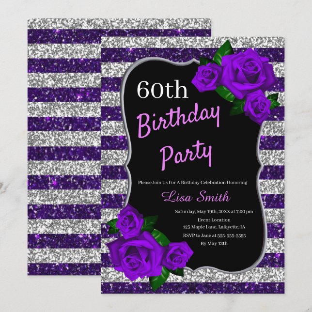 Invitation Anniversaire Purple Silver Stripes Parties scintil (Devant / Derrière)