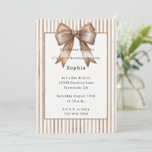 Invitation Anniversaire Rayures Crème Marron Noeud Papillote 
