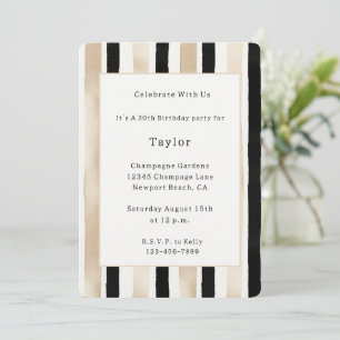 Invitation Anniversaire Rayures Noir Blanc Crème Champagne