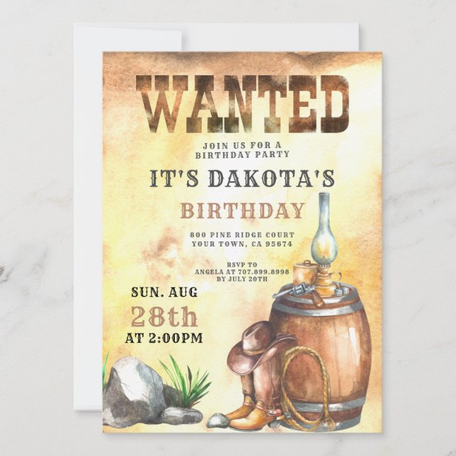 Invitation Anniversaire Recherché de Cowboy (Devant)