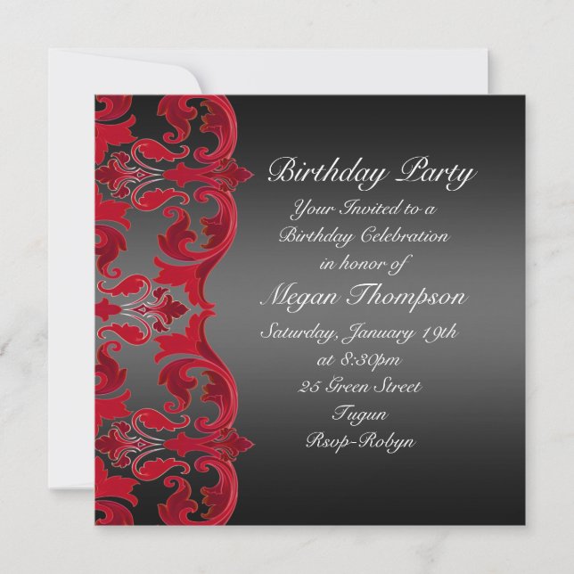 Invitation Anniversaire Red/Black Swirl Damask (Devant)