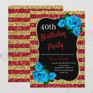 Invitation Anniversaire Red Gold Stripes Parties scintillant 