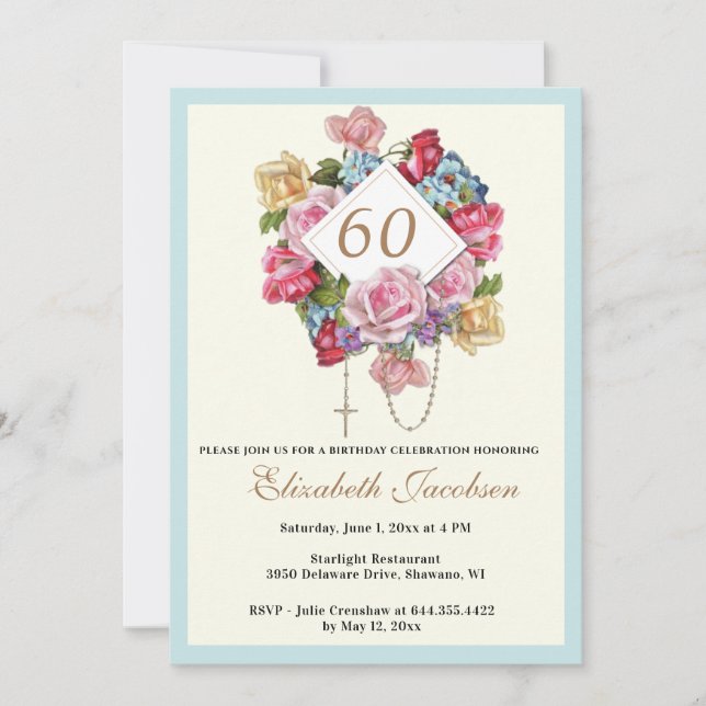 Invitation Anniversaire religieux Rosaire catholique Floral (Devant)