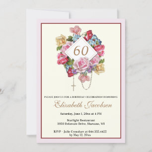 Invitation Anniversaire religieux Rosaire catholique Floral