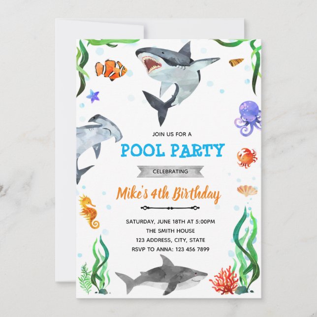 Invitation anniversaire requin sous la mer douche (Devant)