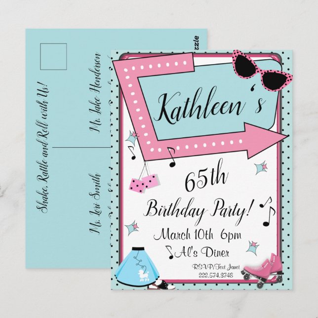 Invitation anniversaire rétro années 50 tous âges (Devant / Derrière)