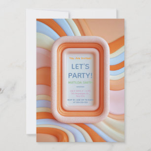 Invitation Anniversaire Rétro Gummy Peach et Vagues Bleues