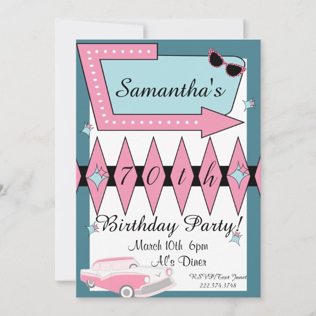 Invitation Anniversaire rétro n'importe quel âge, années 1950 (Devant)