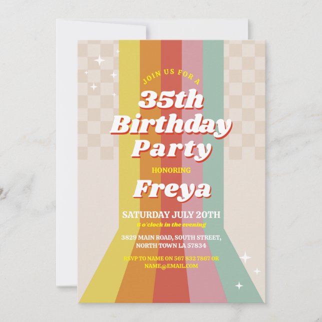 Invitation Anniversaire rétro Rainbow 60s les années 70 80s V (Devant)