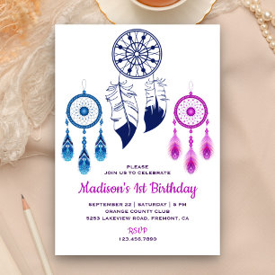 Invitation Anniversaire Rêveur Tribal Bohème Bleu