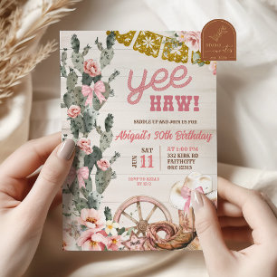 Invitation Anniversaire Rodéo Rose Cactus Bois Rustique
