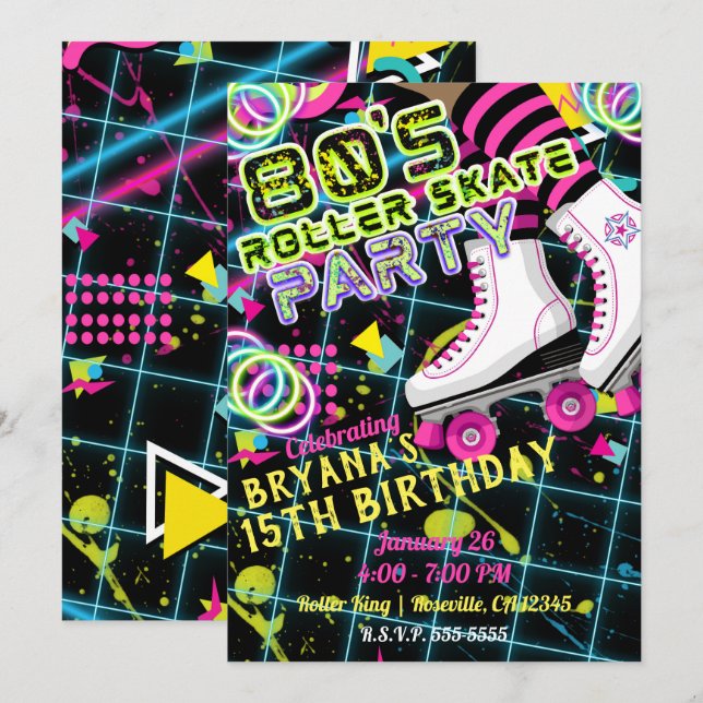 Invitation Anniversaire roller rétro 80's (Devant / Derrière)