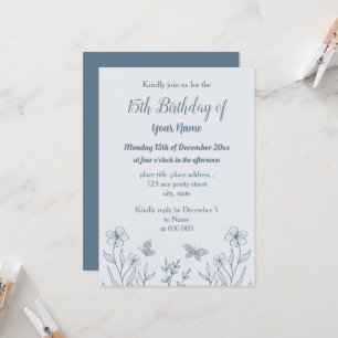 Invitation Anniversaire romantique élégant bleu poussiéreux f