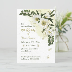 Invitation anniversaire romantique fleurs blanches et or