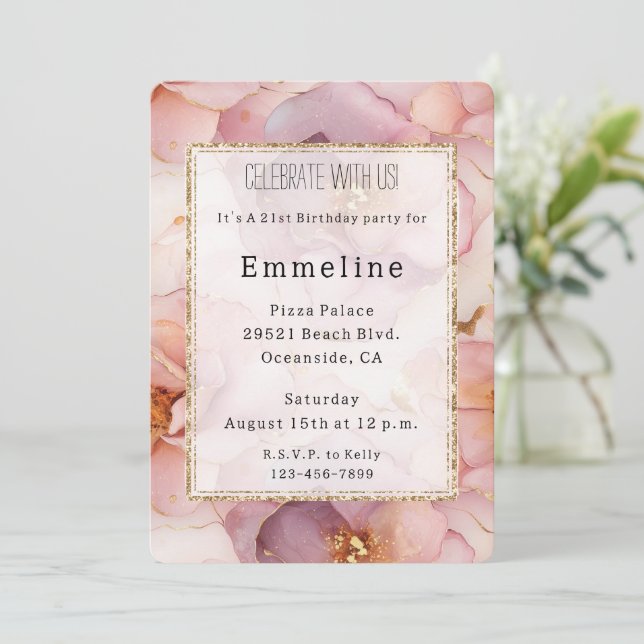 Invitation Anniversaire romantique rose rose or floral (Debout devant)