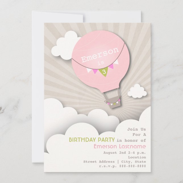 Invitation Anniversaire rose de ballon à air chaud et de (Devant)