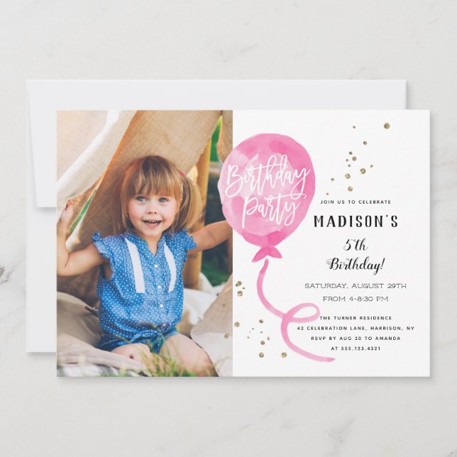 Invitation Anniversaire rose de confettis d'or de ballon (Devant)